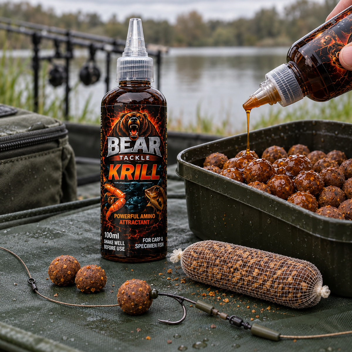 Bear Tackle Krill Ooze coating boilies beside a PVA mesh stick