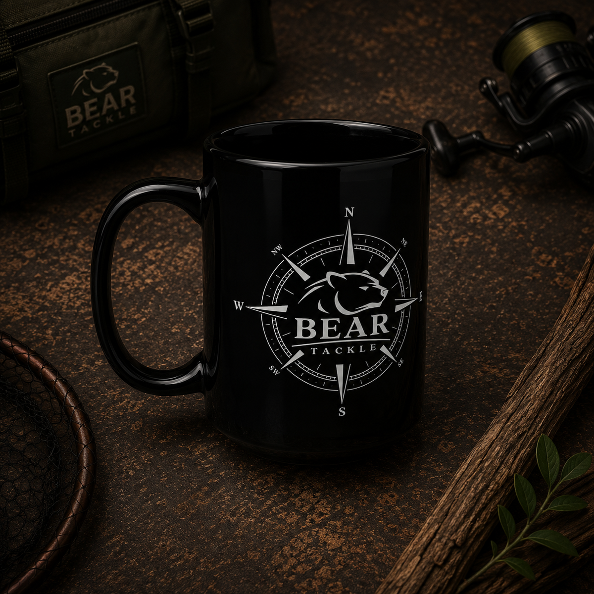 Bear Tackle black carp fishing mug with compass design